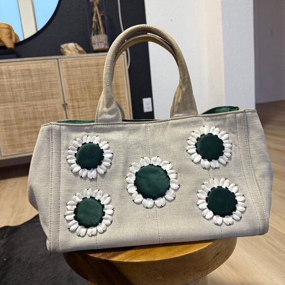 Prada Beige and Green Canapa Canvas and Satin Flower Tote Bag - Picture 1 of 12